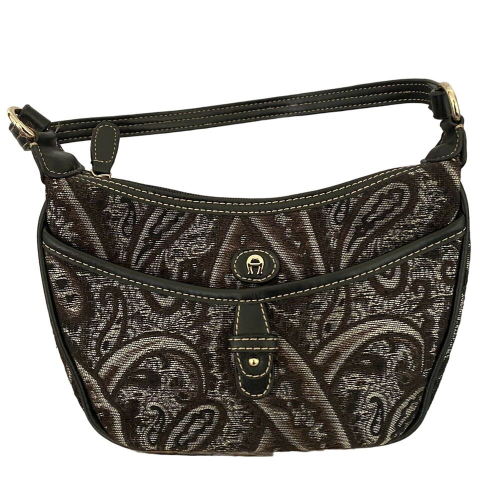 Etienne Aigner Purse Black Brown & Metallic Tapestry Mini Handbag